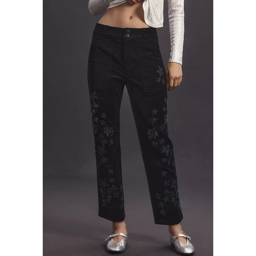 Pilcro The Wonderer Black Velvet Relaxed Leg Decorated Edition Pants 32tall